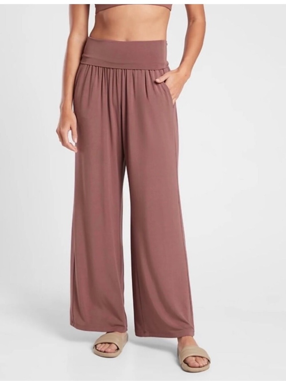 Athleta Studio Wide Leg Pants Dusty Rose Fold Over Waist Pockets Lounge Yoga XS